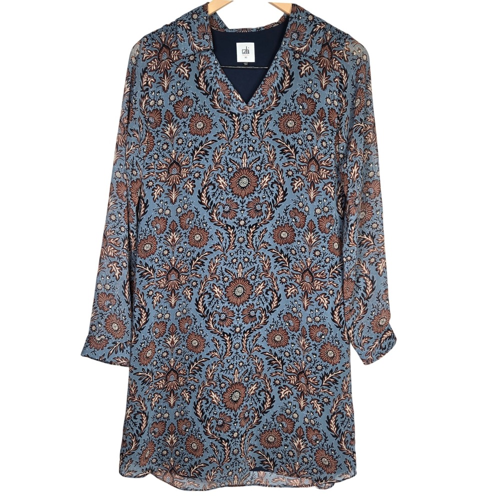 Cabi Women Dress XS Blue Floral Print Long Sleeve V‎ Neck Shift